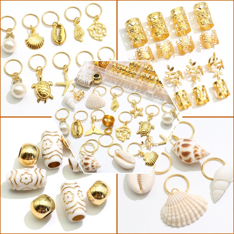 VENOFEN 149Pcs Shell Hair Jewelry Gold Loc Cuffs Rings Natural Conch Starfish Braids Clips Pearl Dreadlock Charm Hair Tube Beads Accessories for Women and Girls - Image 3